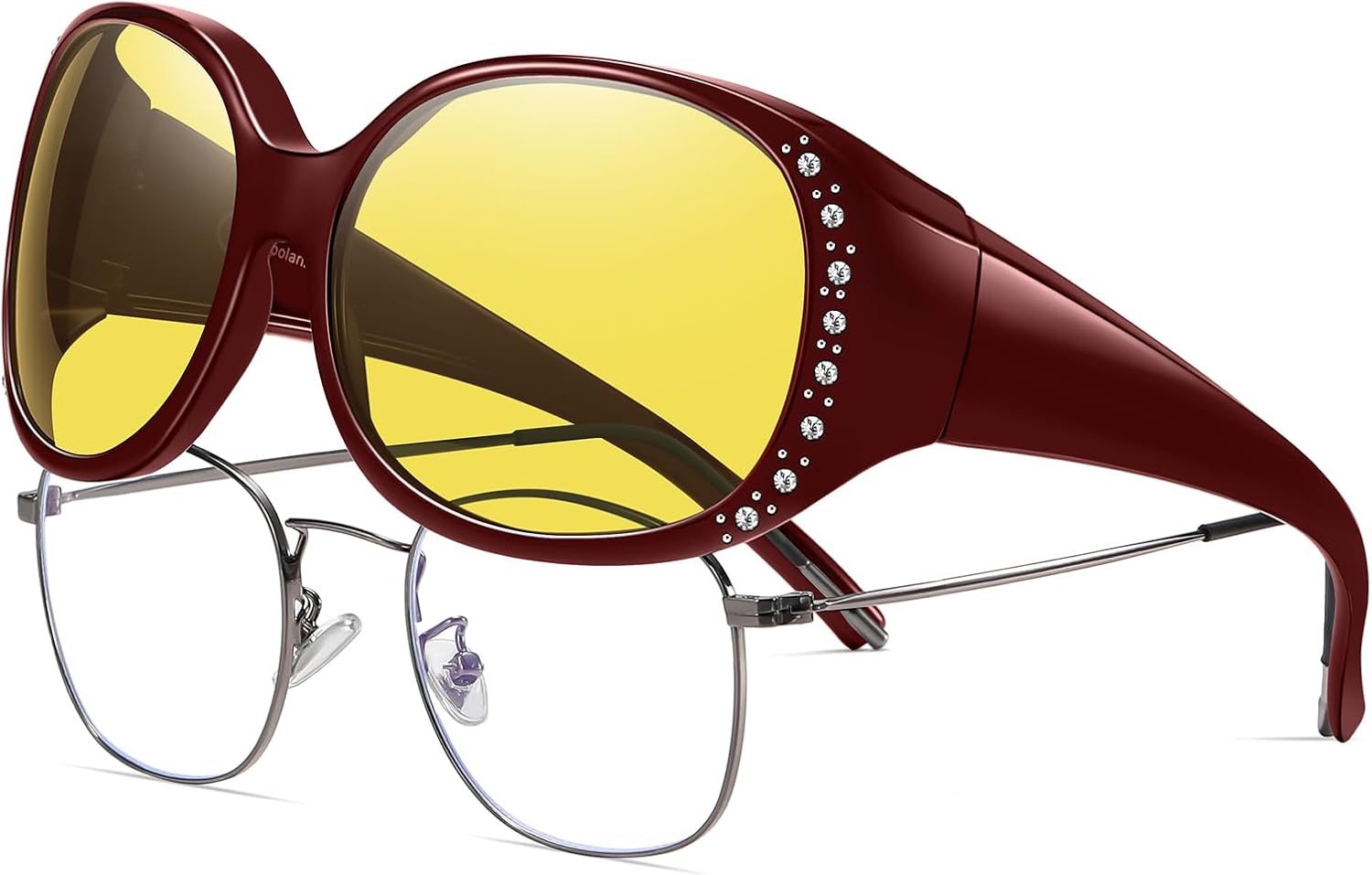 

Очки для вождения в ночное время HAOLOTA, женские, надеваются поверх обычных очков, поляризованные линзы желтого цвета с антибликовым покрытием для ночного использования, Nv03 Wine Frame Night Vision Lens