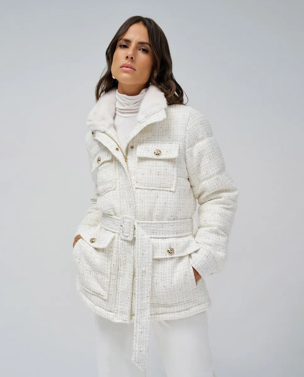 

Женский пуховик из твида с поясом Salsa Jeans, белый