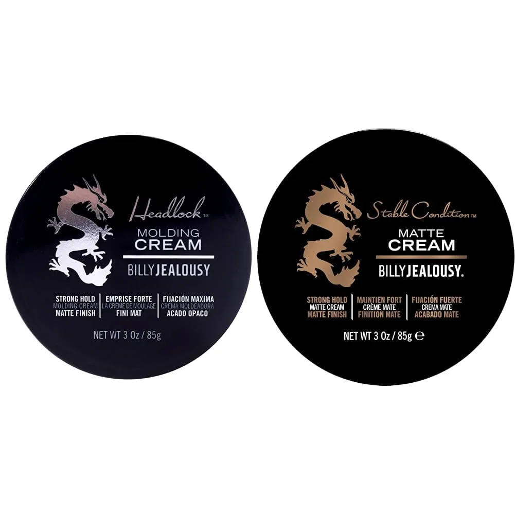 Набор Billy Jealousy из 2 предметов: Headlock Hair Molding Cream (сильная фиксация, матовый эффект) и Stable Condition Matte Cream (естественная фиксация, поддается укладке, на водной основе) для мужчин - 170 г, white