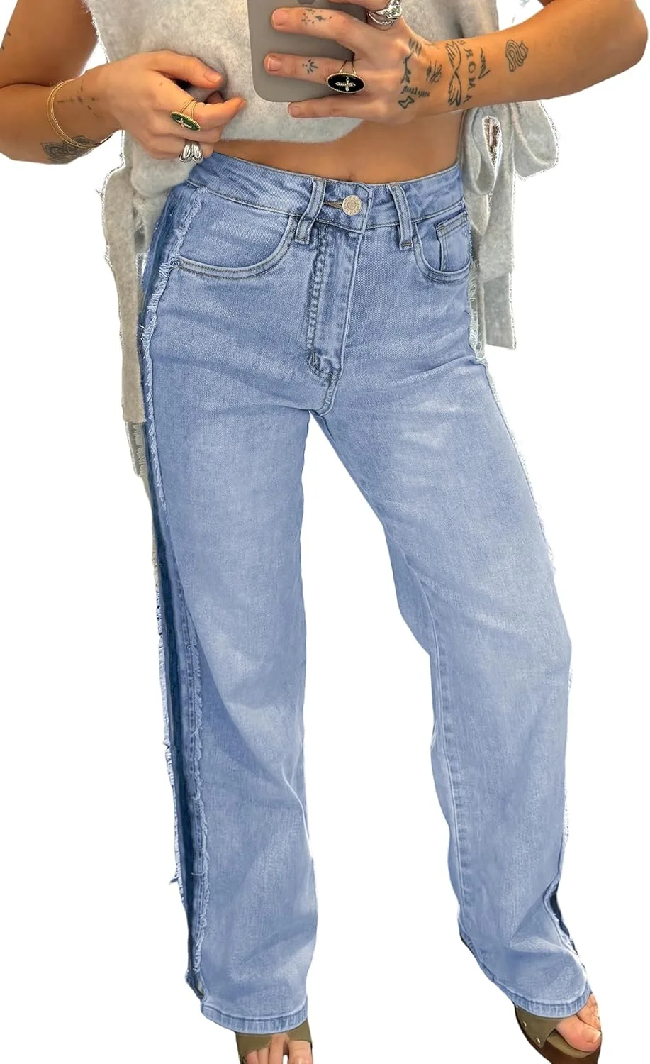 

KevaMolly прямые джинсы для женщин с контрастной полосой, прорезями и аппликацией