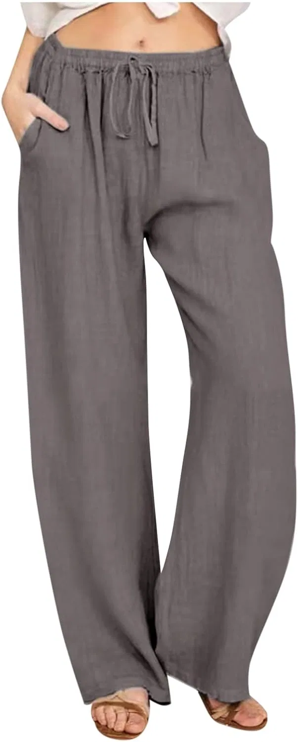 Широкие брюки палаццо из хлопка и льна, с карманами, A01_dark Gray