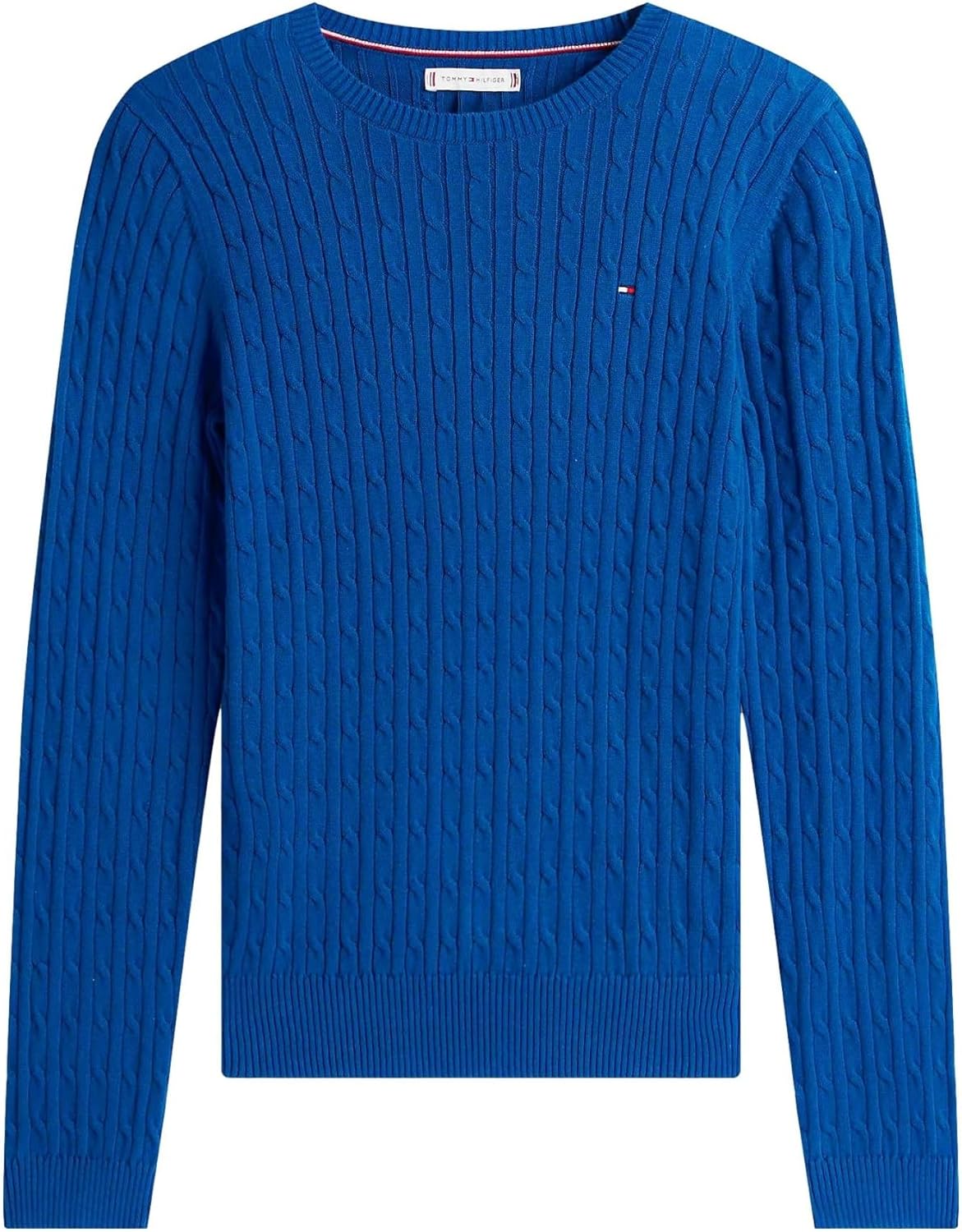 

Коллекция женских свитеров Tommy Hilfiger Cable Kint с круглым вырезом и логотипом-флагом 2025 года, Cool Dip Blue.