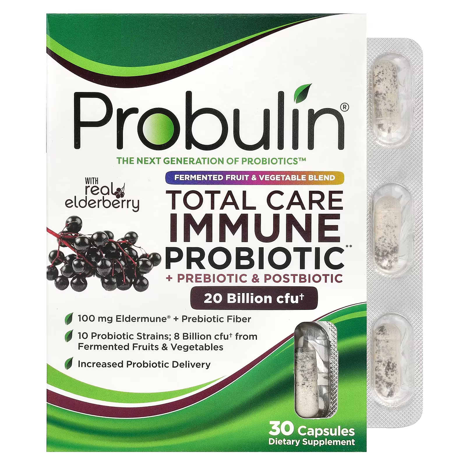 

Добавка Probulin Total Care Immune Probiotic + Prebiotic & Postbiotic с бузиной, 30 капсул