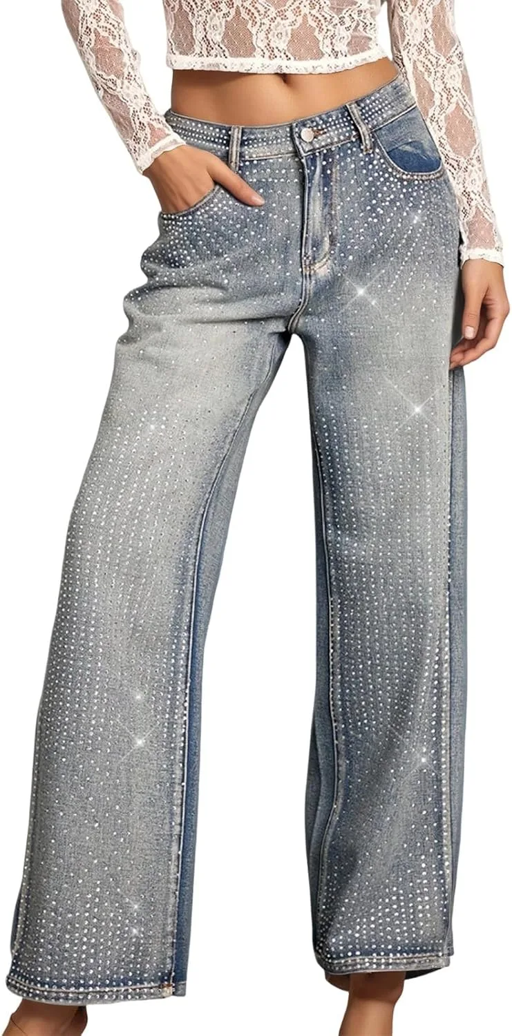 

Багги джинсы для женщин с камнями, high waist, wide leg YOUYING