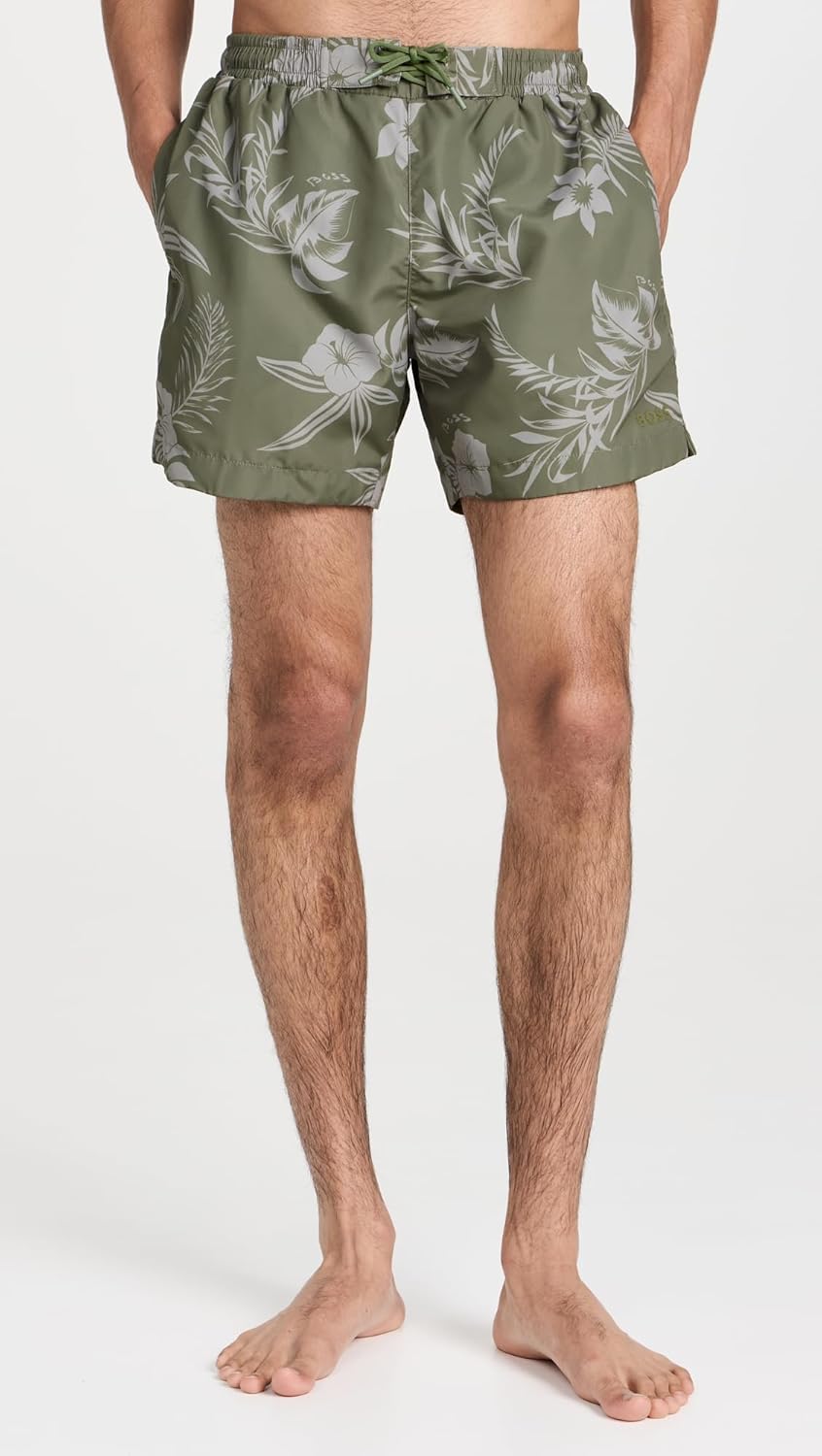 Плавки-шорты BOSS мужские Reev с тропическим принтом, 4,75 дюйма, Green Khaki Floral — фото 2