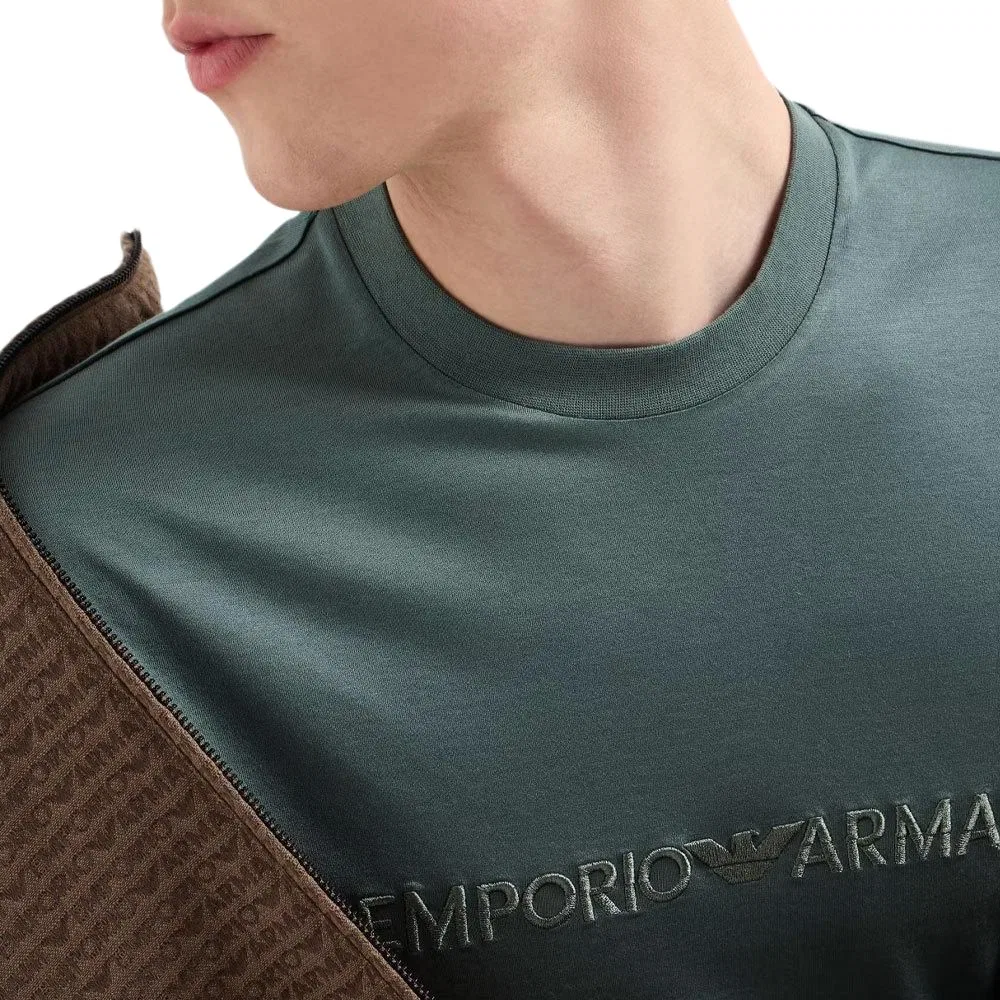 Футболка с вышивкой логотипа Emporio Armani зеленая — фото 4
