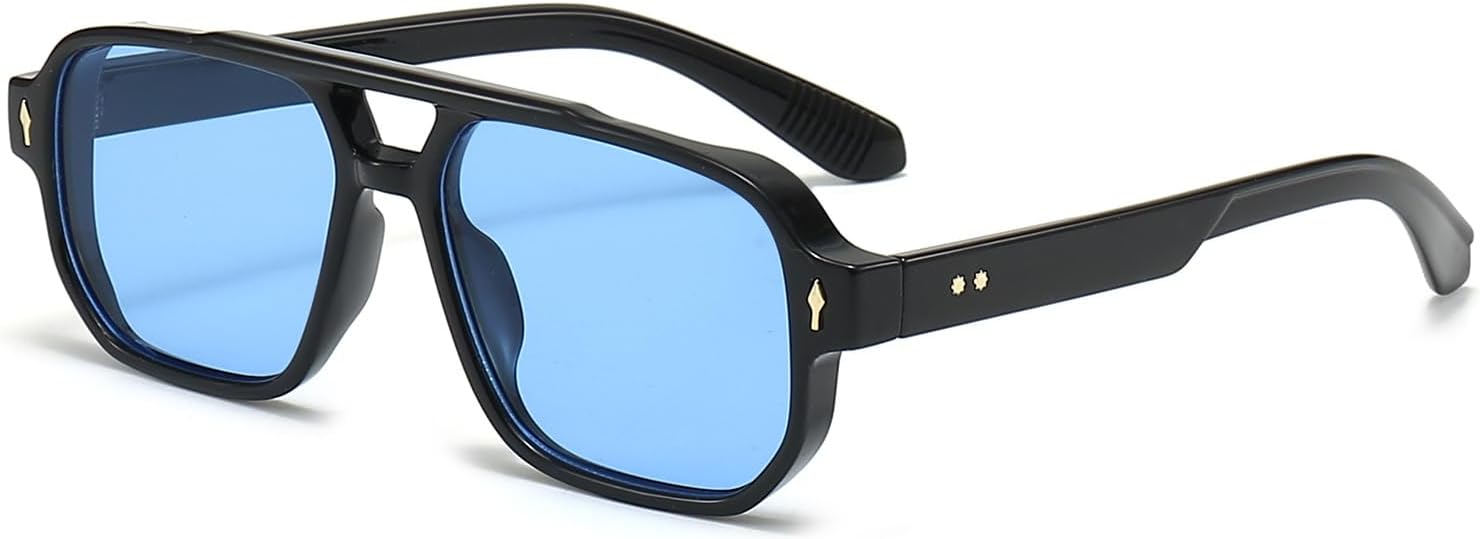 

Солнцезащитные очки YAMEIZE Pilot Double Bridge Rectangle - в стиле ретро 70-х, квадратные, с защитой от УФ-излучения UV400, для вождения, для женщин и мужчин, Black Blue