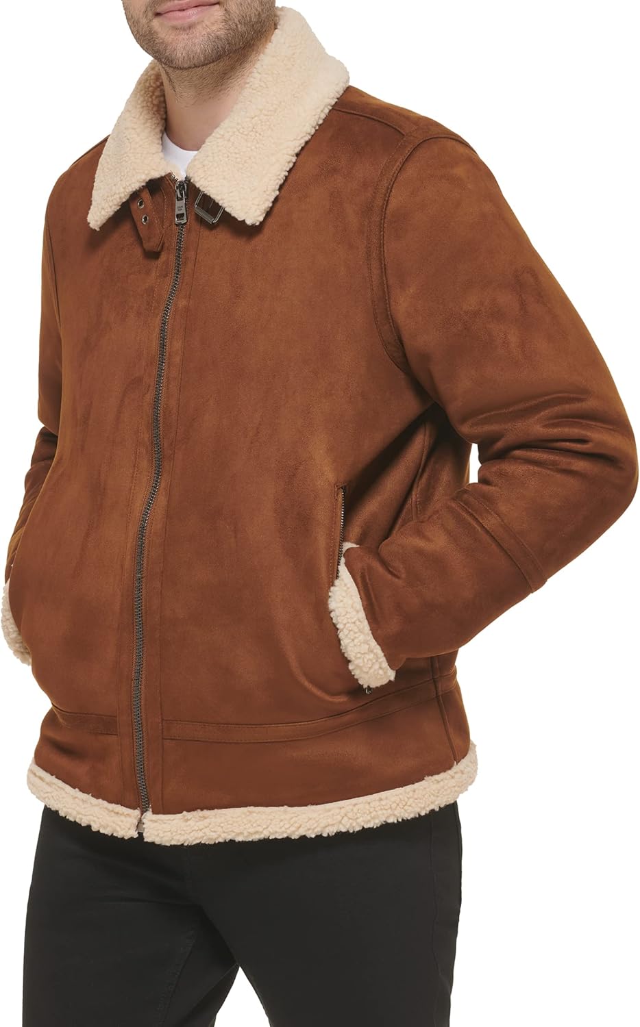 Мужская куртка Calvin Klein из искусственной кожи - бомбер с подкладкой из овчины, Shearling Lined Cognac — фото 3