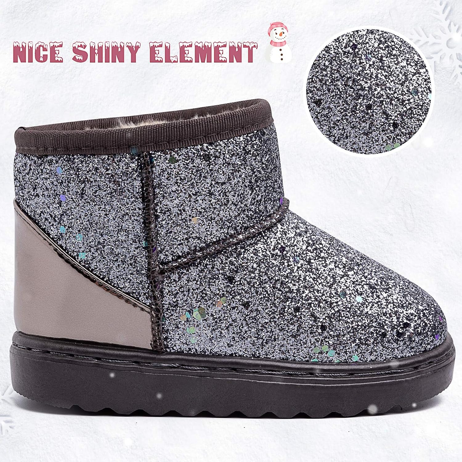 Techcity Boys Girls Winter Warm Snow Boots Sequin Fur Lined Waterproof Boot Glitter Princess Outdoor Shoes(Toddler/Little Kid), Glitter Grey — фото 4