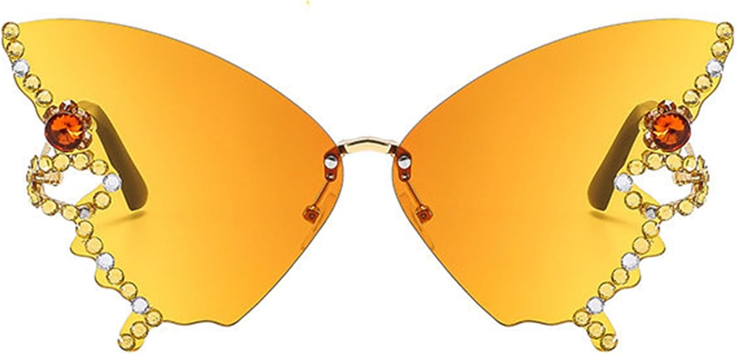 

Willochra Женские солнцезащитные очки без оправы Модные солнцезащитные очки с бабочками и бриллиантами Многоугольная безрамочная модель для вечеринок «кошачий глаз», Yellow