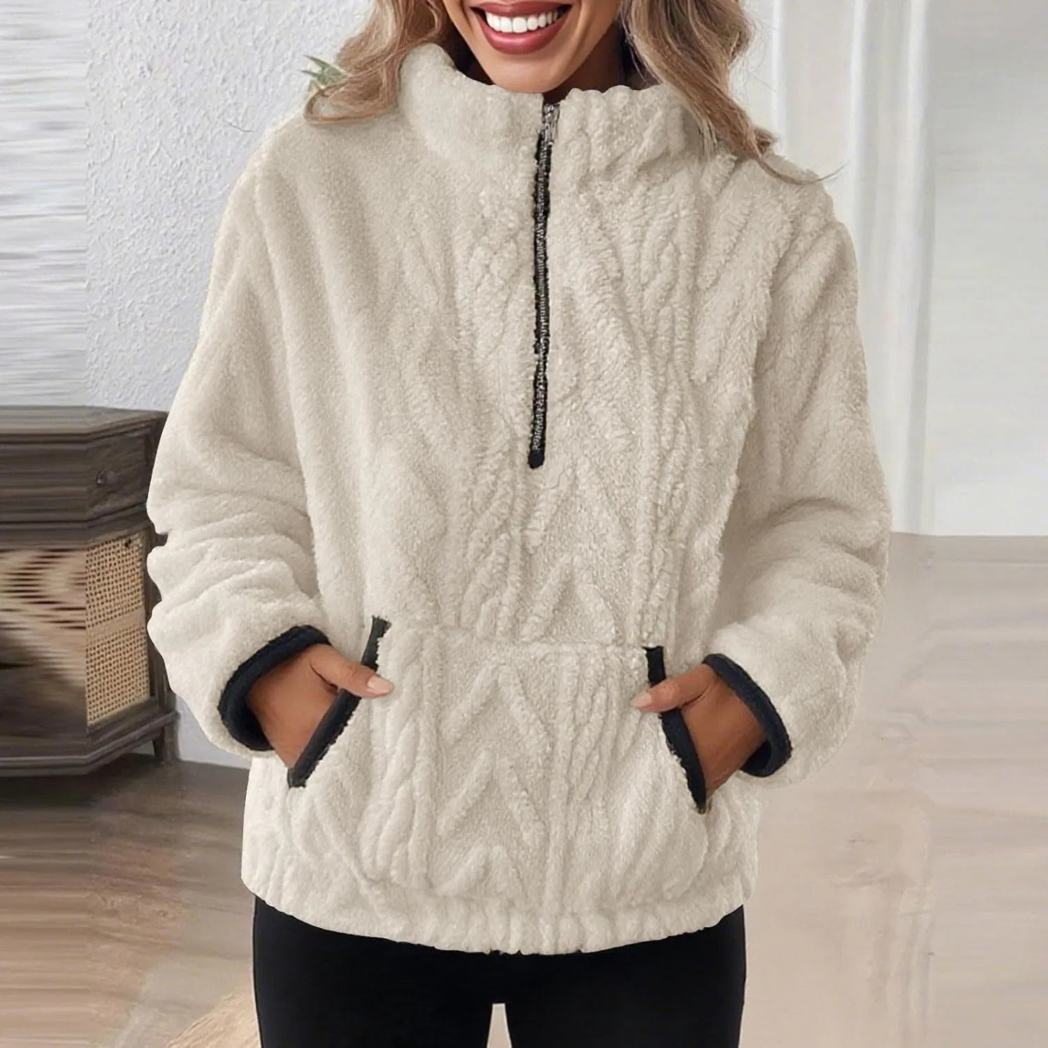 Женский свитер с капюшоном Sherpa, флисовый, на молнии, с воротником-стойкой, Beige-2 — фото 3