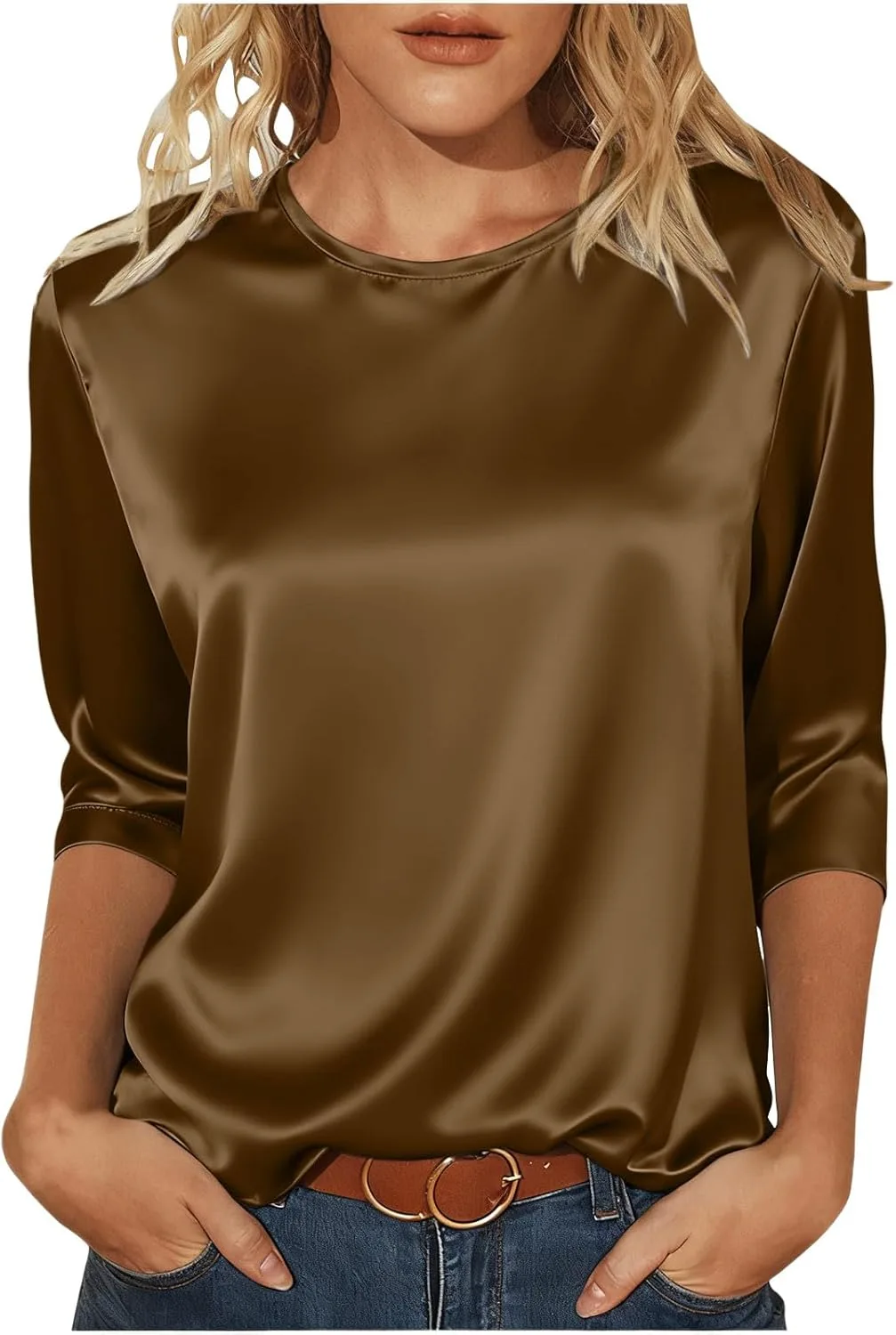 

Летний топ с круглым вырезом и рукавом 3/4 из атласа Xiaojmake