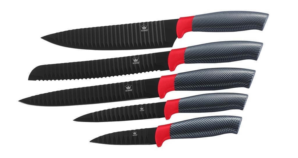 

5 кусков Набор ножей KING CARBON RED LINE с лезвиями из нержавеющей стали с рифленой структурой / в футляре / размеры: поварской нож 20 см, нож для обвалки 20 см, нож для хлеба 20 см, универсальный нож 12,5 см и нож для овощей 8,5 см