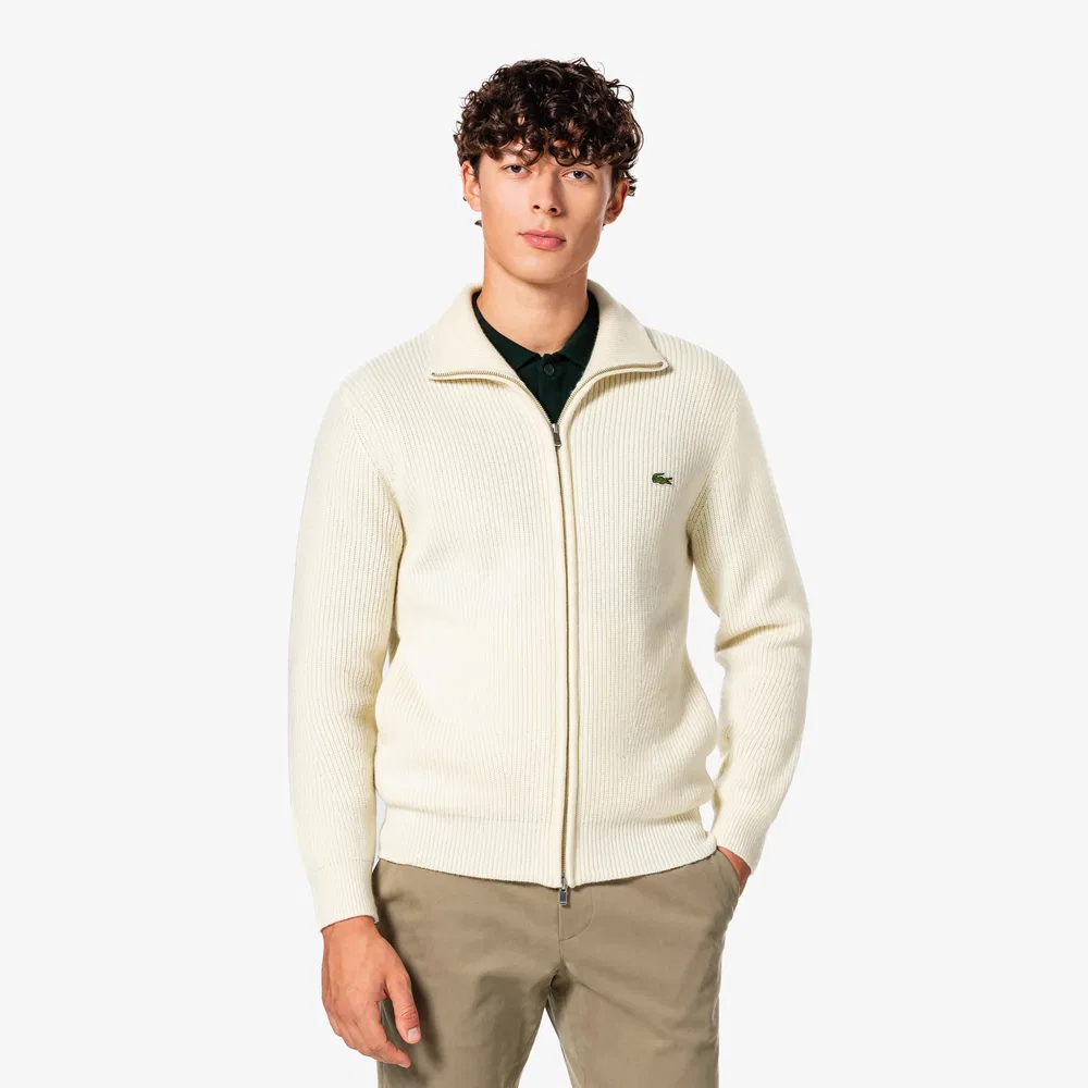Мужской вязаный кардиган на молнии в рубчик цвета офф-вайт от Lacoste — фото 4