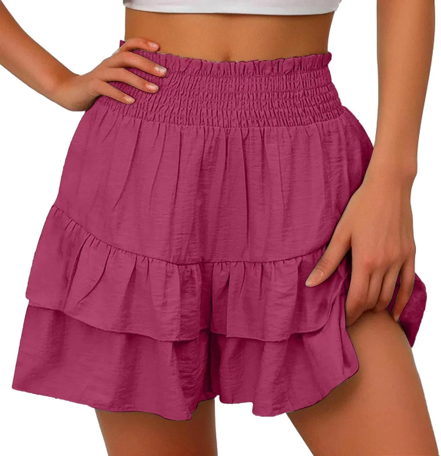 Шорты женские спортивные с высокой талией и рюшами, Generic, A04_hot Pink