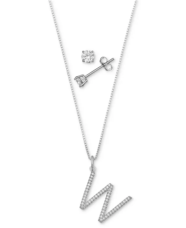 

Комплект из двух кулонов с инициалами из кубического циркония и серег-гвоздиков с солитером из стерлингового серебра, созданный для Macy's. Giani Bernini, w