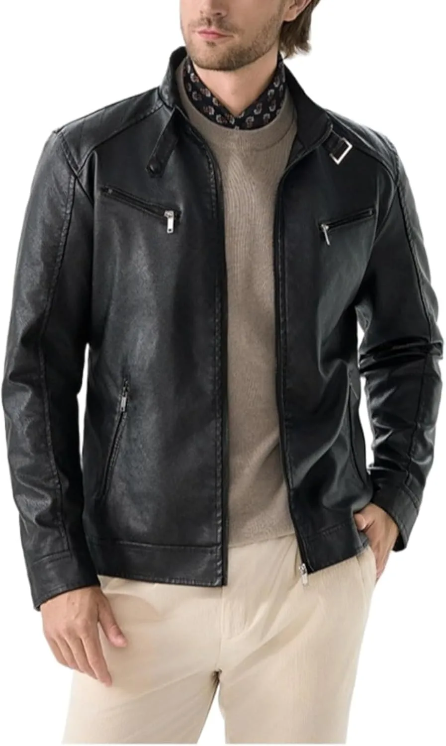 Куртка мужская в стиле мотоциклетной, Premium Faux Leather, с несколькими карманами на молнии и приталенным силуэтом Generic, черный