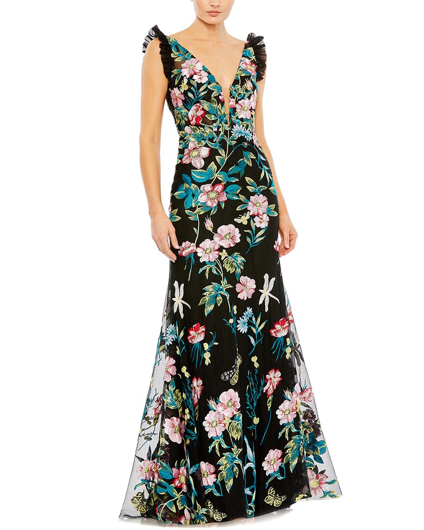 

Вышитое платье-колокол с цветочным принтом и глубоким вырезом Mac Duggal, черный