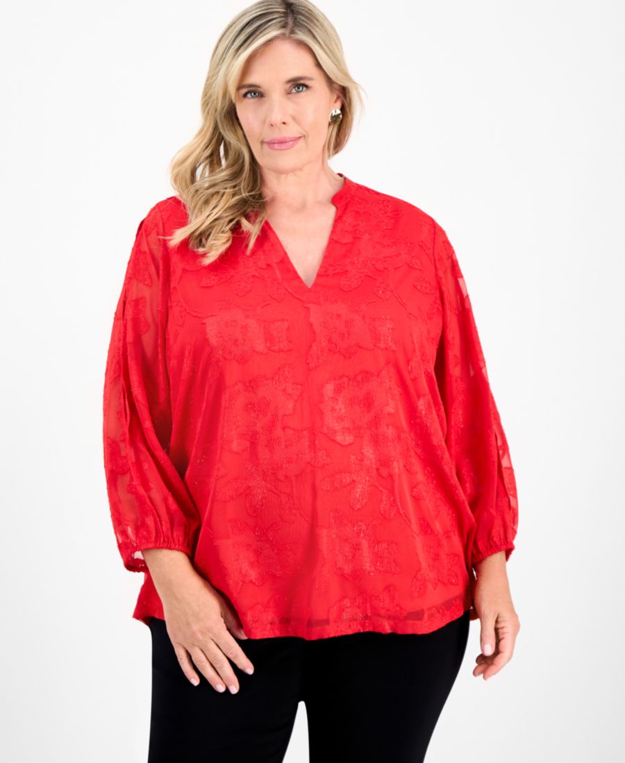 

Блузка большого размера из блестящего жаккарда с рукавами-блузонами JM Collection, Chili