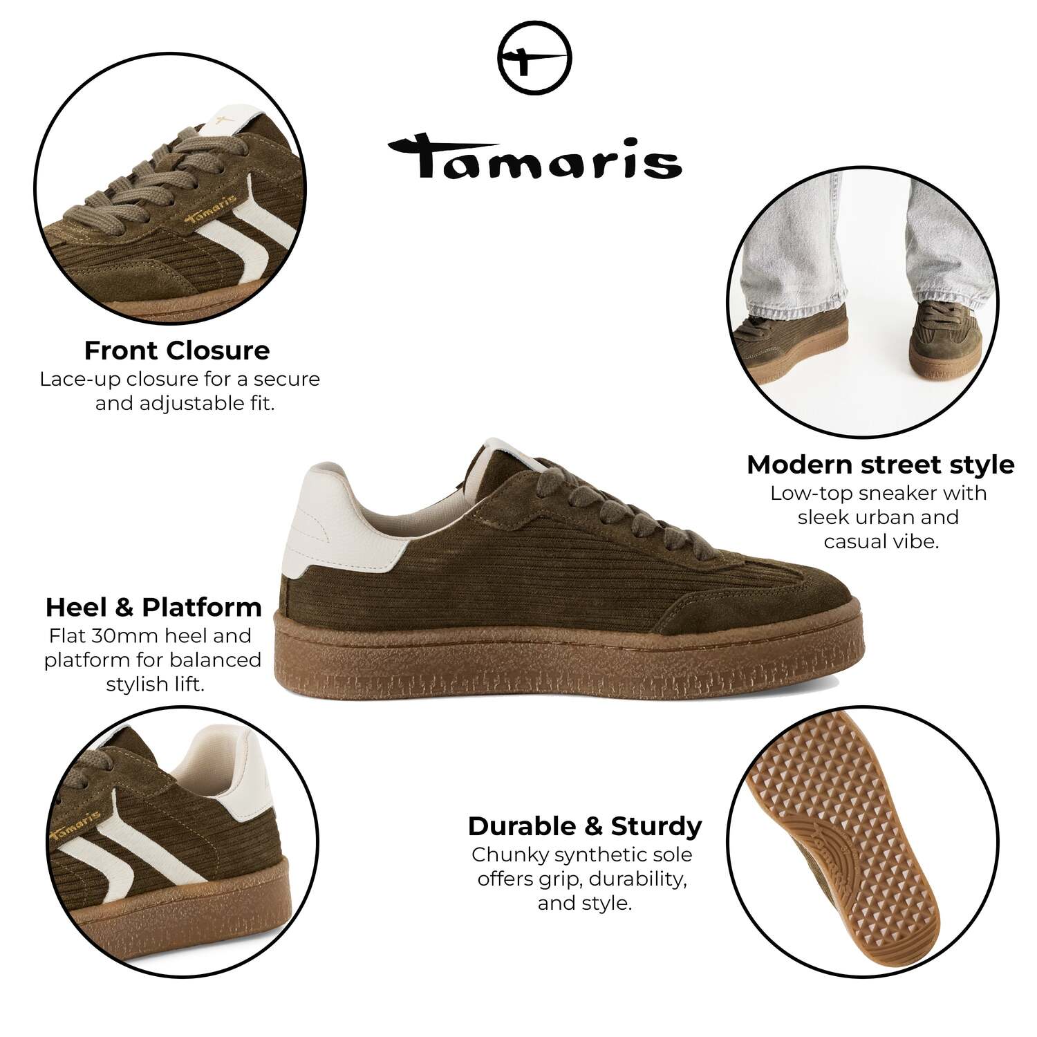 Tamaris женские модные кроссовки на шнуровке из замши оливкового цвета TMRS — фото 2