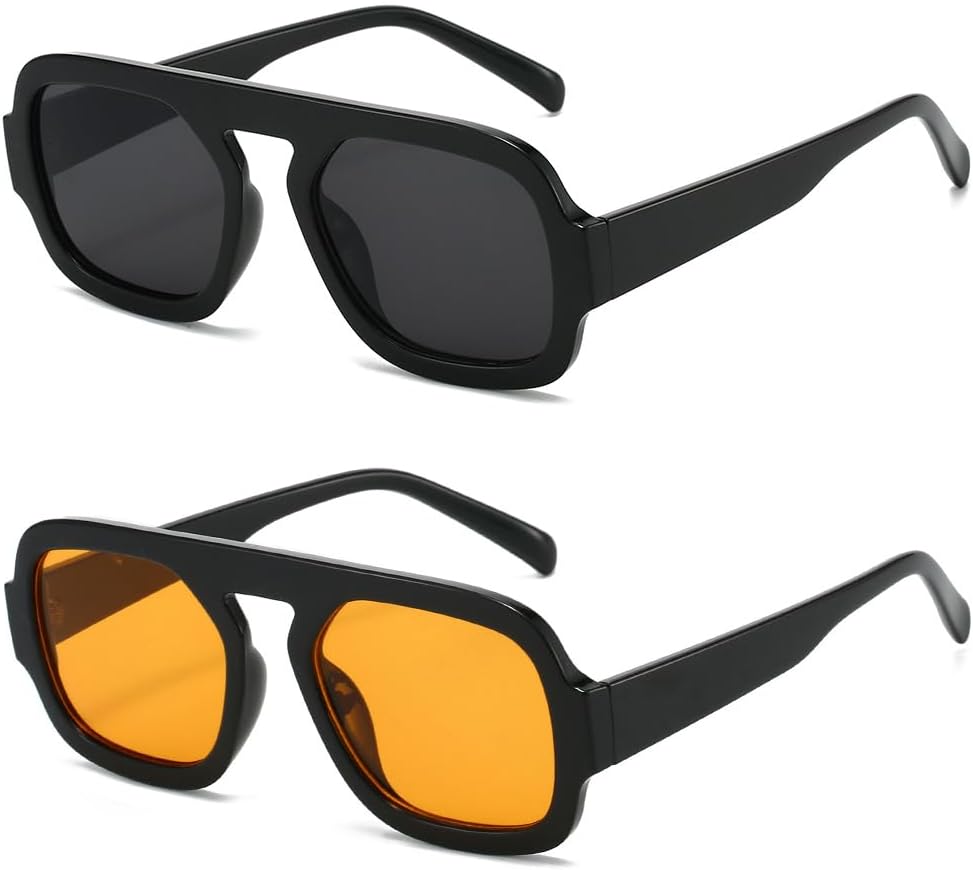 

Ретро квадратные солнцезащитные очки для женщин и мужчин, дизайнерские очки-авиаторы с плоской верхней частью, винтажная пластиковая оправа Azoxus, 2 Pack of Yellow Lenses/Black Lenses