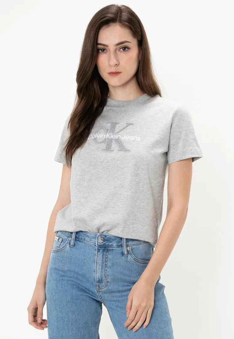 Футболка, логотип, Chenille Calvin Klein, светло-серый