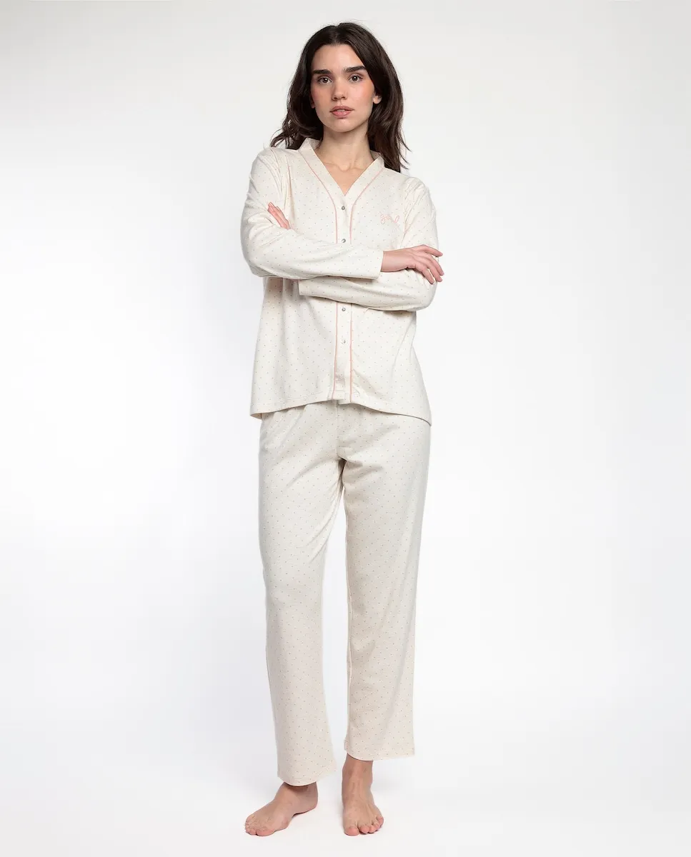 

Женская длинная открытая пижама из вискозного трикотажа кремового цвета Admas