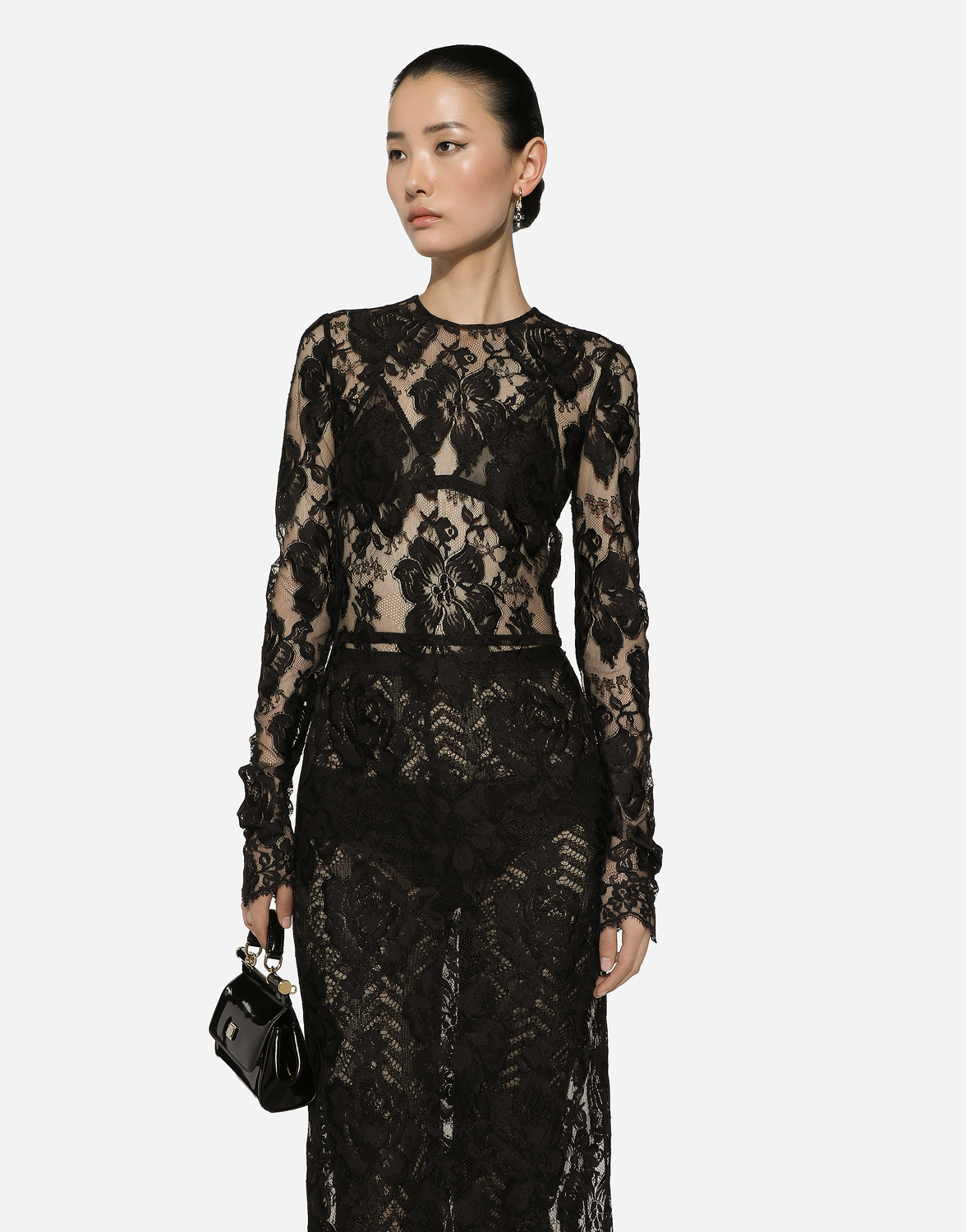 Платье из кружевной ткани с цветочным узором длиной до середины икры Dolce & Gabbana, черный — фото 4