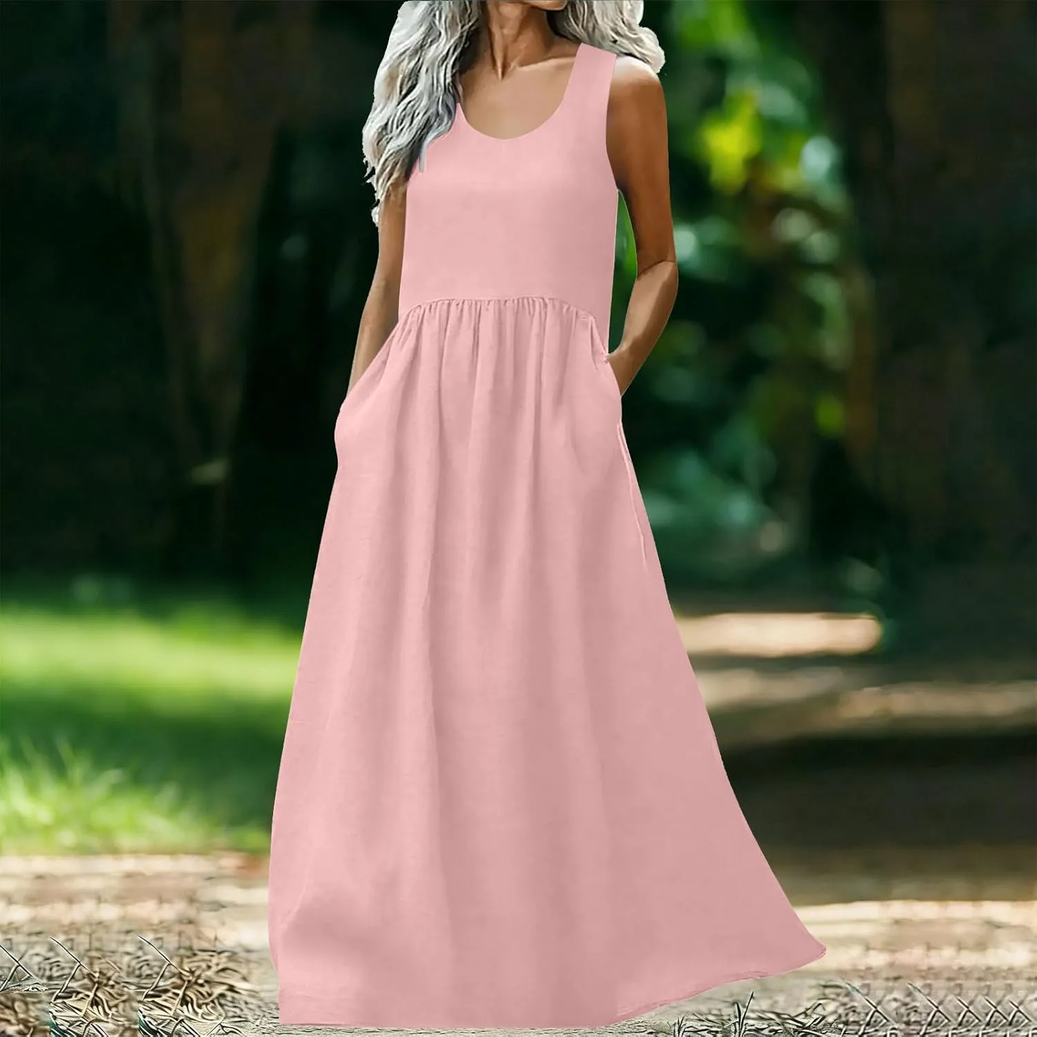 Женское льняное платье Casual с круглым вырезом, без рукавов, пляжное, плиссированное, в стиле пэчворк, с расклешенным подолом, свободного кроя, майка Generic, розовый — фото 2