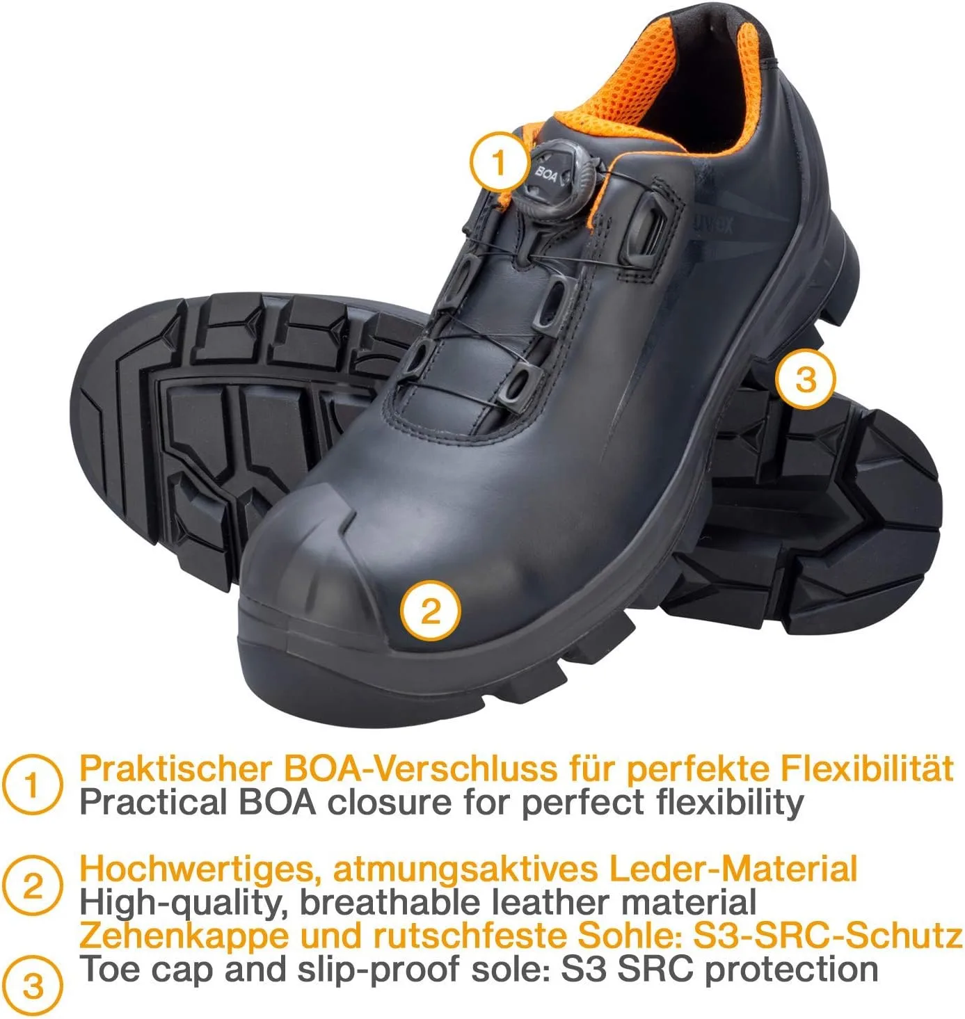 Защитная обувь Uvex 2 Vibram S3 HI HRO SRC, черно-оранжевая — фото 3