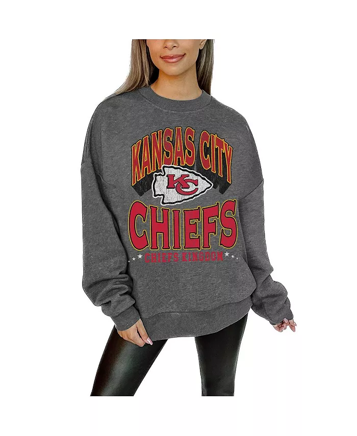 

Женская толстовка Kansas City Chiefs Long Weekend из премиального флиса цвета тёмно-серого цвета с приспущенными плечами Gameday Couture