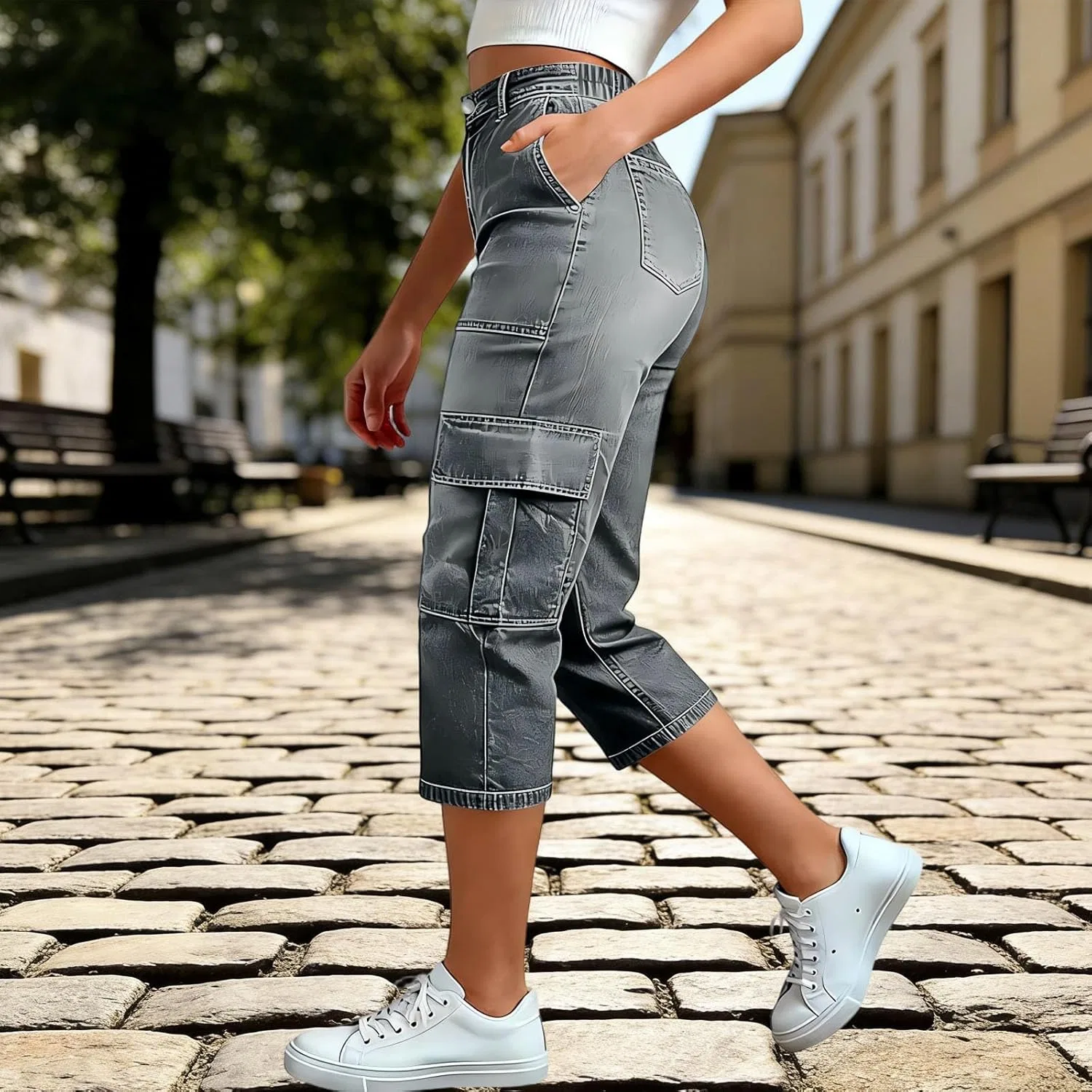 Активные брюки, карго, Gray Cargo Capris — фото 2