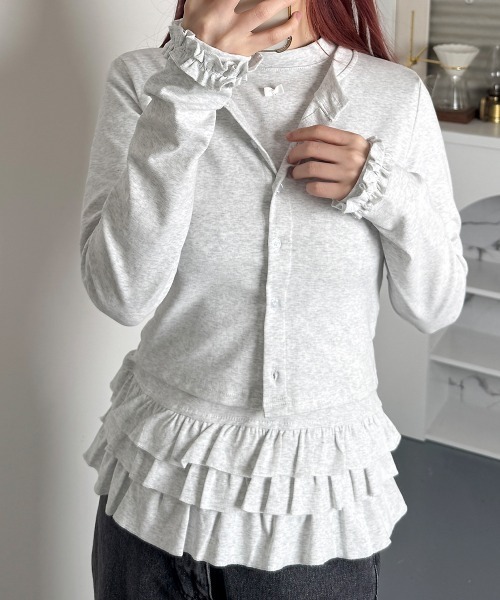 

Комплект из двух предметов: футболка с короткими рукавами и кардиган с оборками VIVID LADY, светло-серый