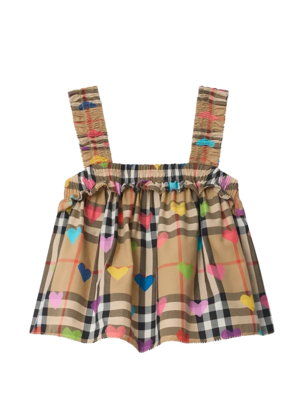 Хлопковый топ с принтом "Сердечки в клетку" BURBERRY KIDS, бежевый
