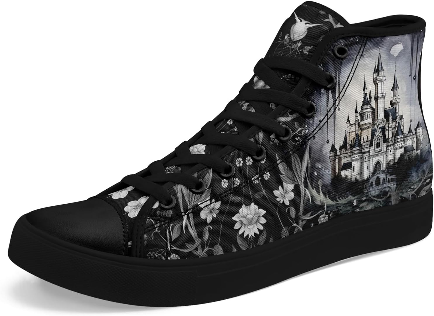 

Женские и мужские винтажные высокие кеды с цветочным принтом на тканевой основе, темный стиль, коттеджкор, шнуровка, повседневная обувь, модные кроссовки для уличного стиля Coolcustomize, черный/серебристый