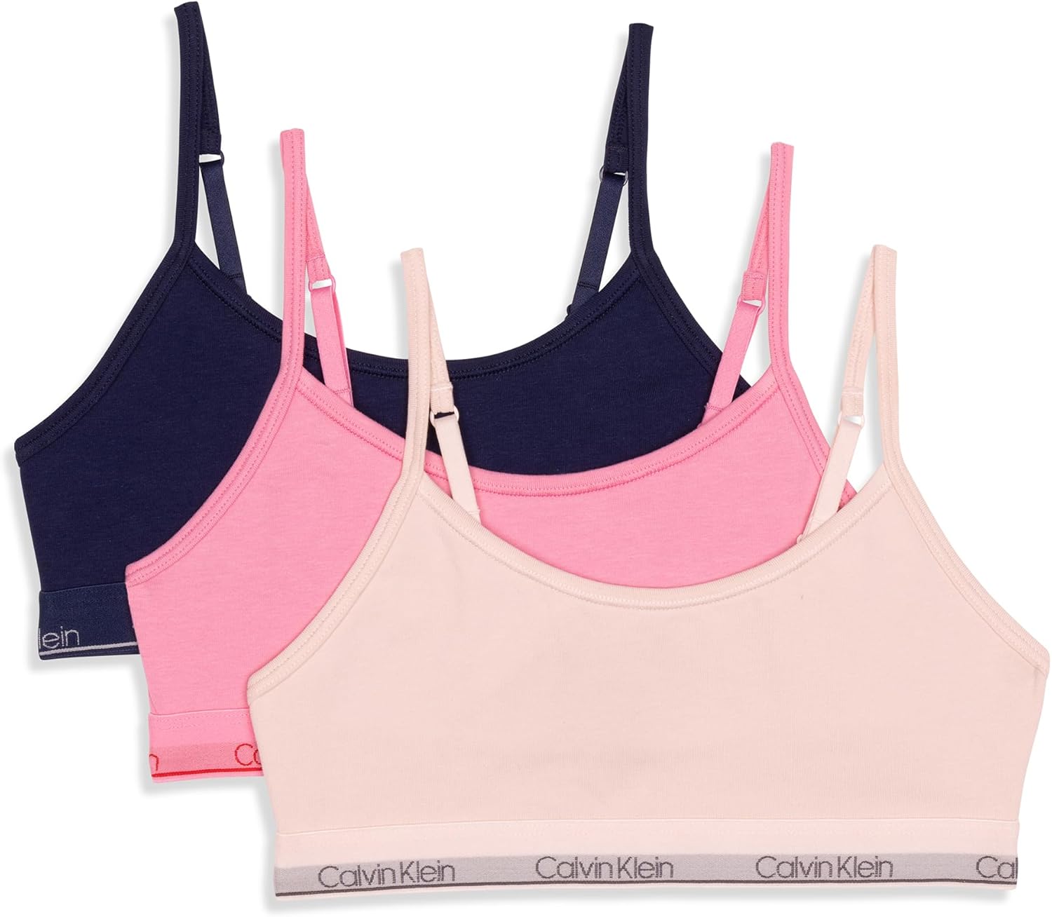 

Укороченный хлопковый бюстгальтер-бралетт Calvin Klein для девочек, упаковка из 3 шт., Crystal Pink/Sachet Pink/Medieval Blue