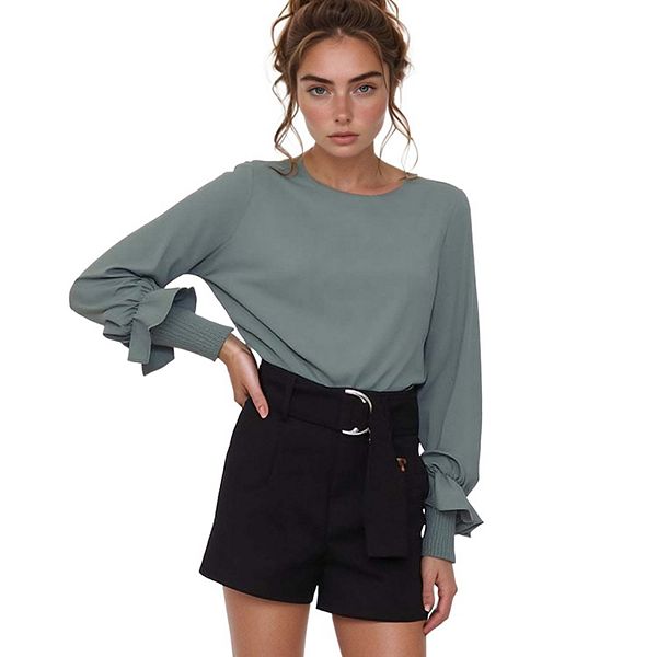 

Топ с круглым вырезом, сборкой и манжетами-рюшами Pleione, Green