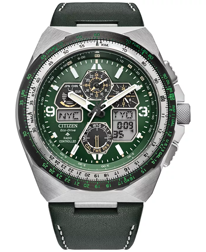 

Мужские часы Eco-Drive Chronograph Promaster Skyhawk с зеленым кожаным ремешком, 46 мм Citizen