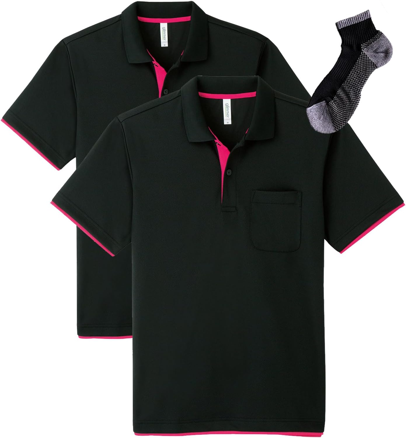 

Мужская рубашка-поло Glimmer 00339-AYP, короткий рукав, быстросохнущая, многослойная, с карманом, 113 г (4,4 унции), черный/ярко-розовый