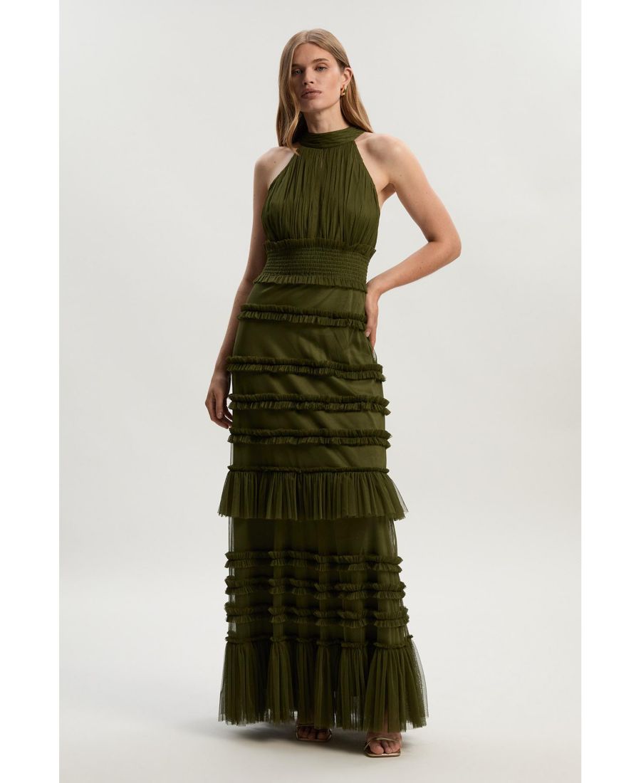 

Женское макси-платье из тюля с многослойным воротником-халтером Karen Millen, Khaki