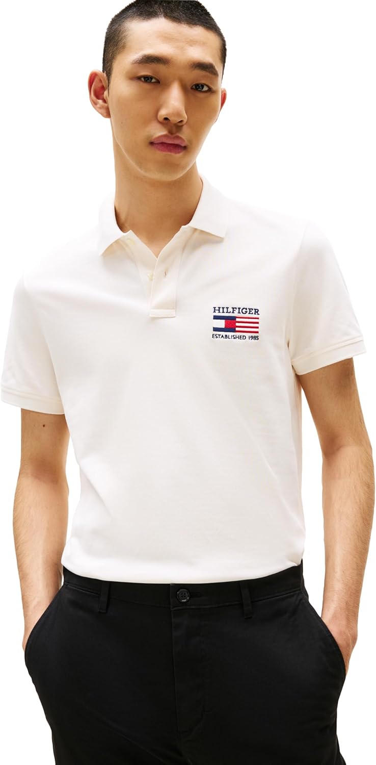 

Мужские рубашки поло с короткими рукавами Tommy Hilfiger классического кроя из эластичного органического хлопка пике, Ivory Petal / Flag Embroidered, Красный, Мужские рубашки поло с короткими рукавами Tommy Hilfiger классического кроя из эластичного орган