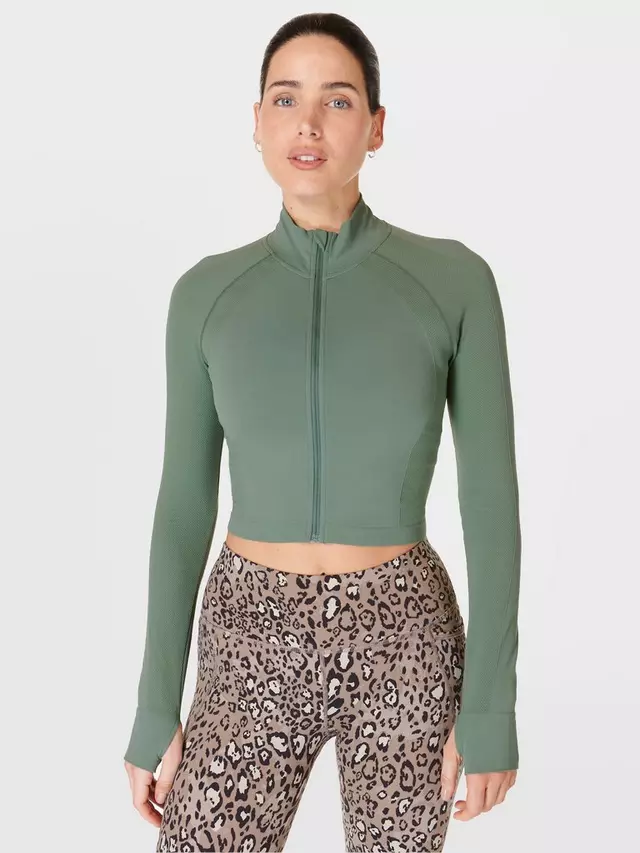 

Топ Sweaty Betty Athlete Crop Seamless Zip Up Gym, цвет cool/forest/green