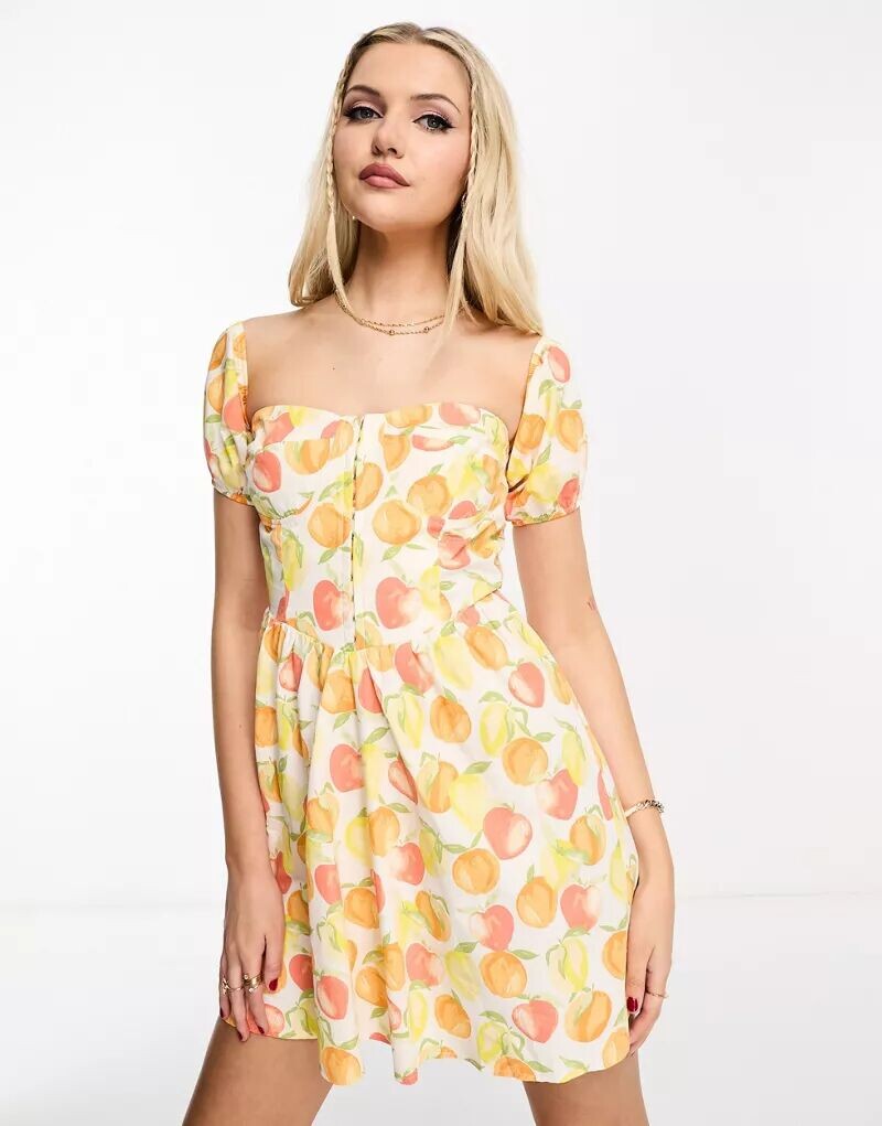 

Корсетное мини-платье Miss Selfridge из поплина с цитрусовым принтом и пышными рукавами