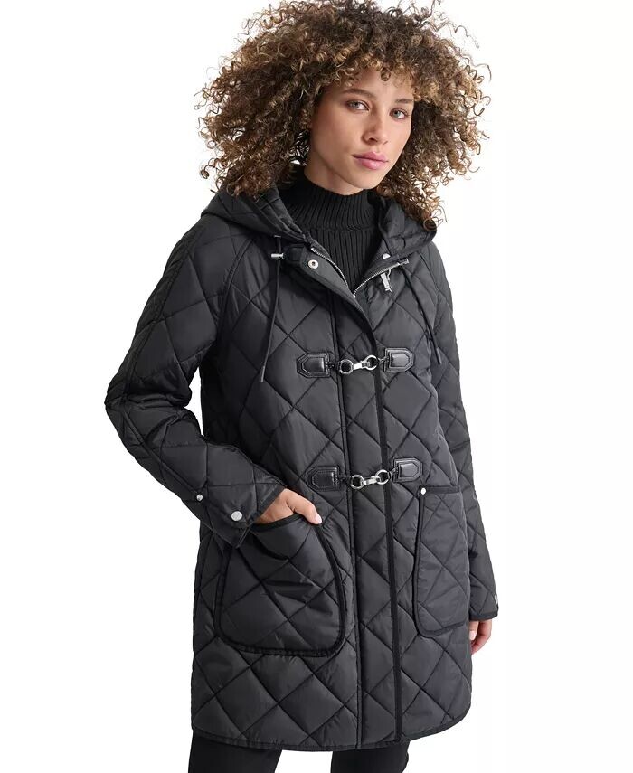 

Женское стеганое пальто с капюшоном и застежкой-молнией DKNY, черный