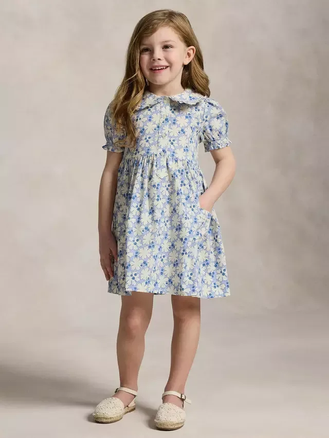 Детское хлопковое платье-рубашка Polo с цветочным принтом Черника, синее Ralph Lauren