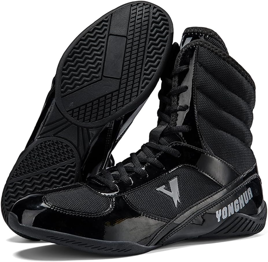 

Боксерские ботинки высокого верха для мужчин для боевых видов спорта, боевого искусства, бодибилдинга, атлетики, фитнеса, спорта, скалолазания, для молодежи и взрослых Hiuzylqx, черный