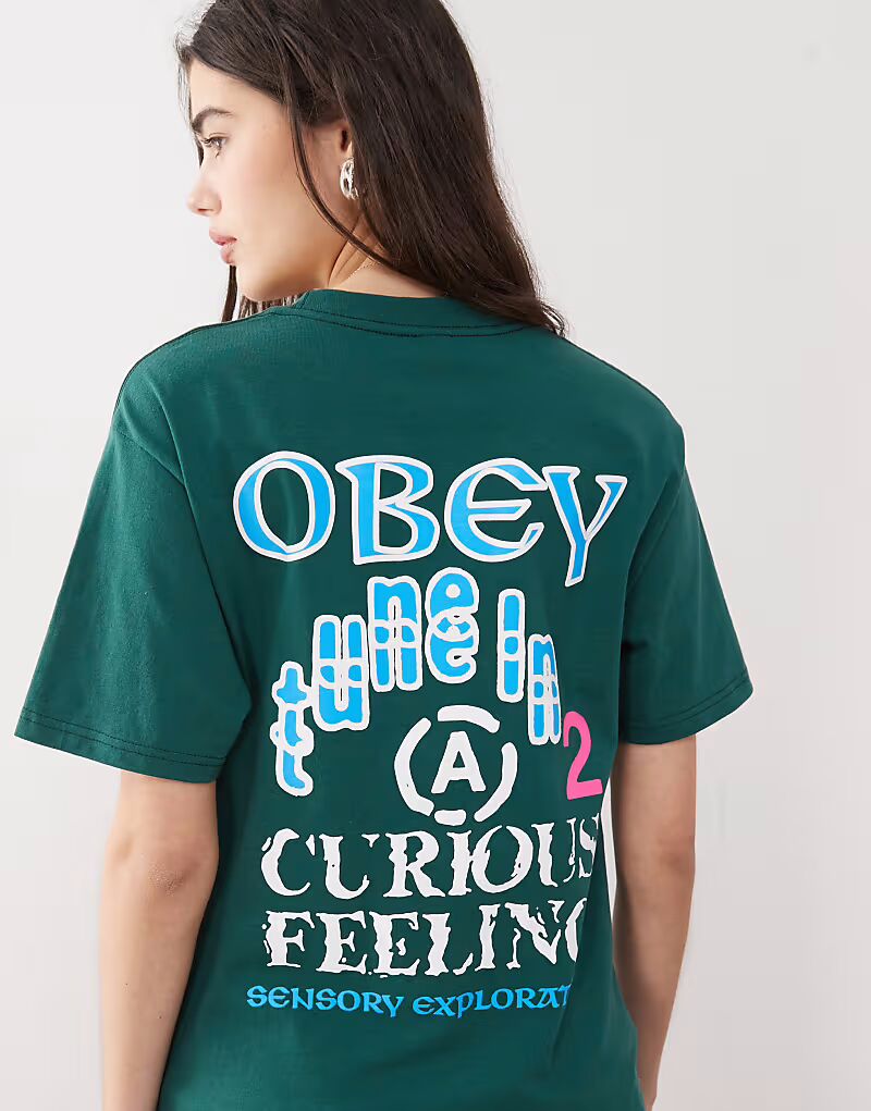 

Футболка Obey Sensory с графическим логотипом и принтом на спине темно-зеленого цвета