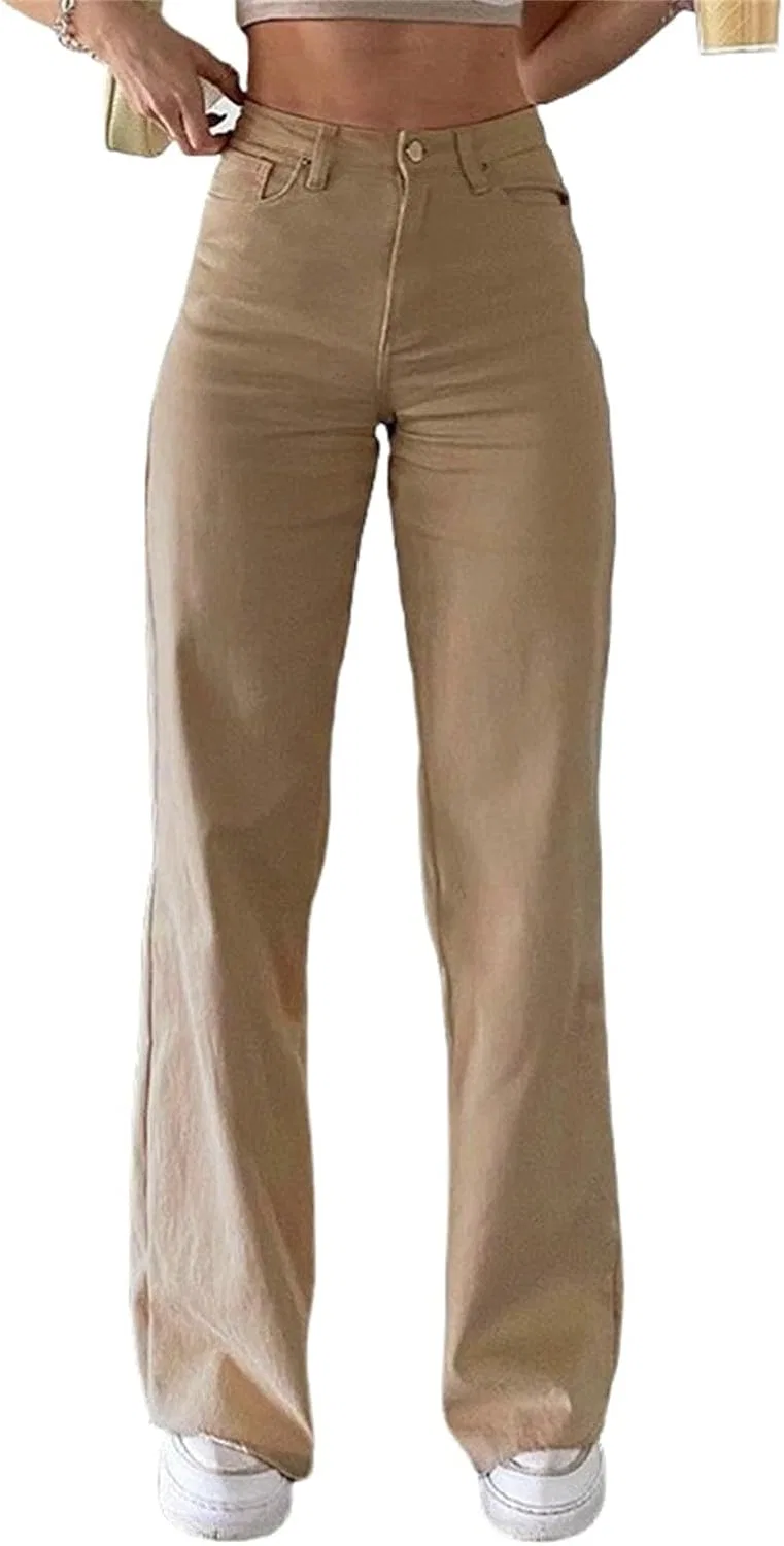 Джинсы женские широкие прямые с высокой талией Khaki
