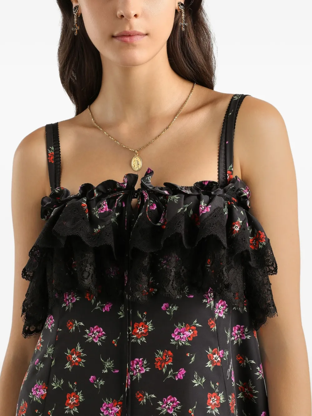 Платье макси с цветочным принтом и оборками DOLCE & GABBANA, черный — фото 4