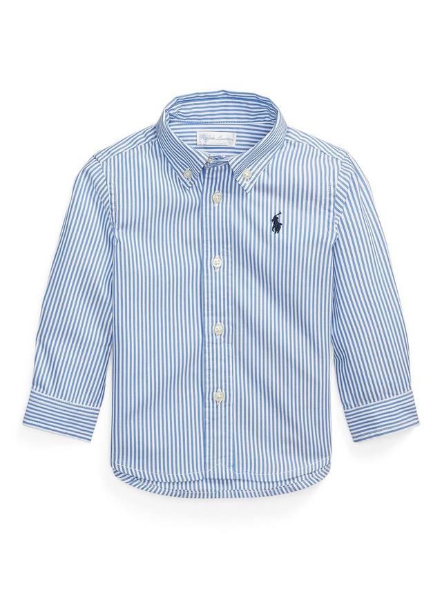 

На пуговицах детская хлопковая рубашка в полоску с воротником Ralph Lauren, цвет Sky Blue/White